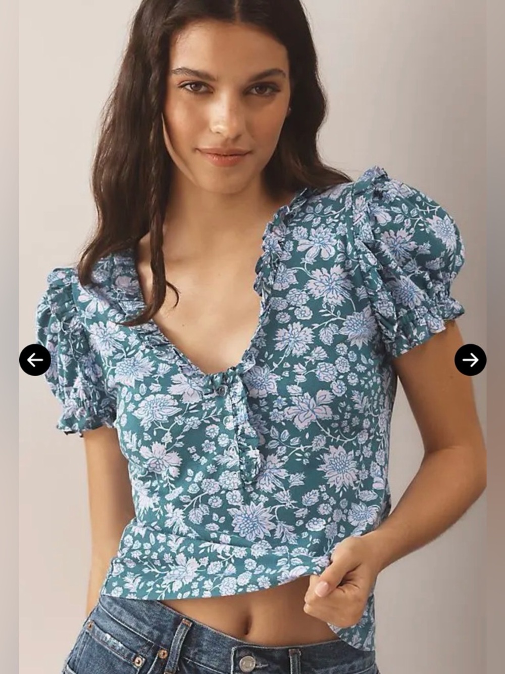 Anthropologie Maeve Teal & lavender Floral Ruffle-Trim Puff Sleeve v-neck top